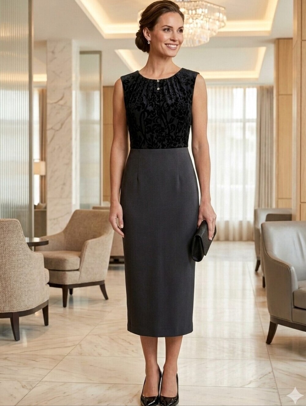 NWT JESSICA Midi Little Black Dress, Flocked Boddess and Jewel Buttons, Size 6